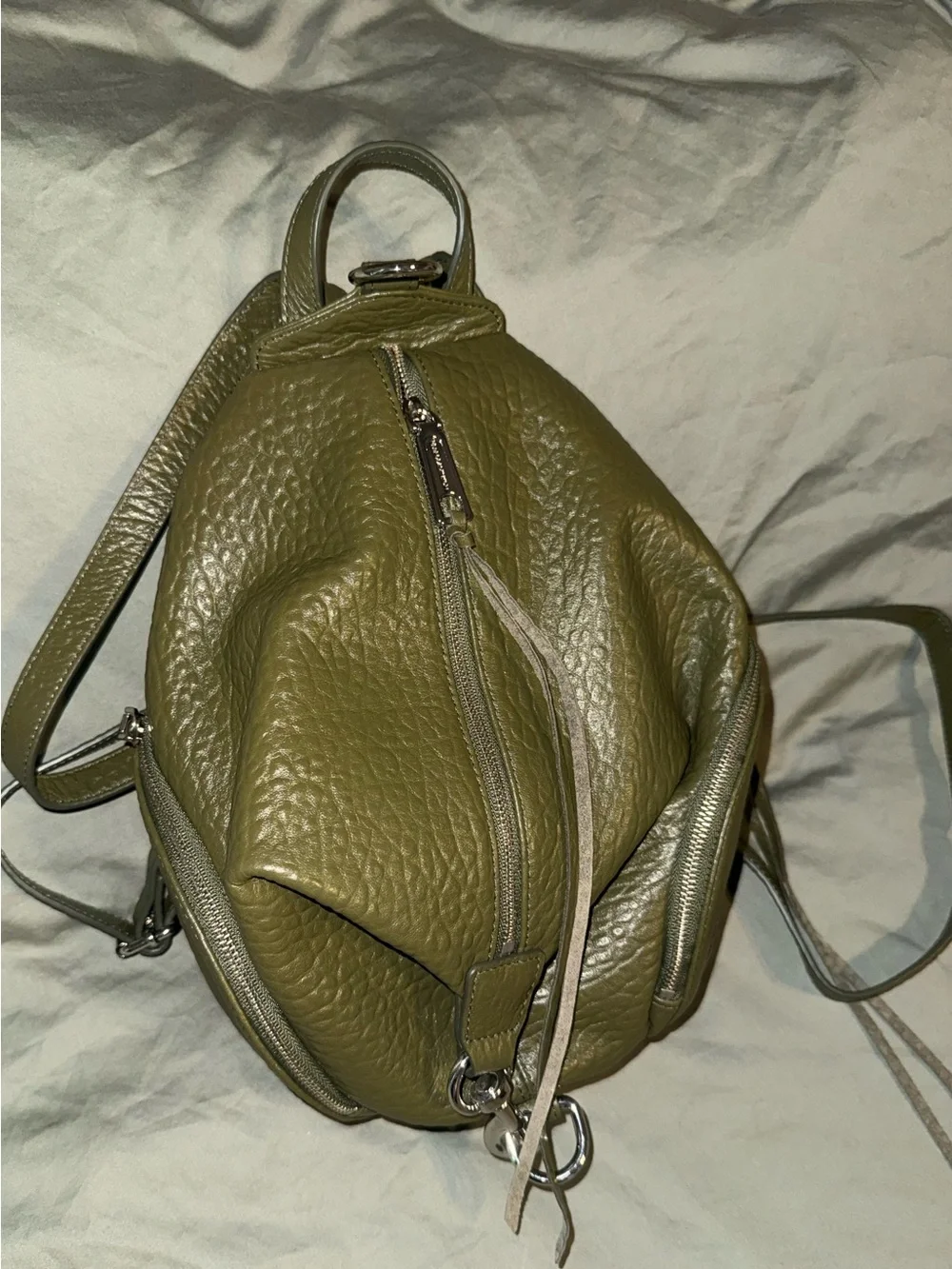 rebecca minkoff mini olive green julian pebbled leather backpack